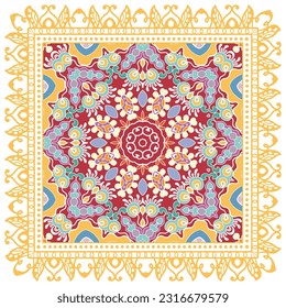 Decorative doodle ornament, symmetric pattern with lace frame. Tribal ethnic mandala decor. Bandana shawl, hijab, tablecloth fabric print, silk neck scarf, kerchief design. Colorful vector background