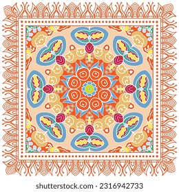 Decorative doodle ornament, symmetric pattern with lace frame. Tribal ethnic mandala decor. Bandana shawl, hijab, tablecloth fabric print, silk neck scarf, kerchief design. Colorful vector background