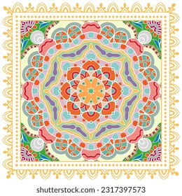 Ornamento doodle decorativo, patrón simétrico con marco de encaje. Decoración de mandala étnica tribal. Chal de andana, hijab, estampado de tela de mantel, pañuelo de cuello de seda, diseño de pañuelos. Fondo de vector colorido