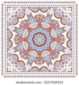 Decorative doodle ornament, symmetric pattern with lace frame. Tribal ethnic mandala decor. Bandana shawl, hijab, tablecloth fabric print, silk neck scarf, kerchief design. Colorful vector background