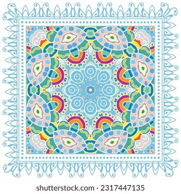 Decorative doodle ornament, symmetric pattern with lace frame. Tribal ethnic mandala decor. Bandana shawl, hijab, tablecloth fabric print, silk neck scarf, kerchief design. Colorful vector background