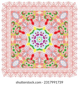 Decorative doodle ornament, symmetric pattern with lace frame. Tribal ethnic mandala decor. Bandana shawl, hijab, tablecloth fabric print, silk neck scarf, kerchief design. Colorful vector background