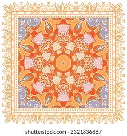 Ornamento doodle decorativo, patrón simétrico con marco de encaje. Decoración de mandala étnica tribal. Chal de andana, hijab, estampado de tela de mantel, pañuelo de cuello de seda, diseño de pañuelos. Fondo de vector colorido