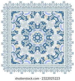 Decorative doodle ornament, symmetric pattern with lace frame. Tribal ethnic mandala decor. Bandana shawl, hijab, tablecloth fabric print, silk neck scarf, kerchief design. Colorful vector background