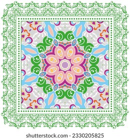 Ornamento doodle decorativo, patrón simétrico con marco de encaje. Decoración de mandala étnica tribal. Chal de andana, hijab, estampado de tela de mantel, pañuelo de cuello de seda, diseño de pañuelos. Fondo de vector colorido