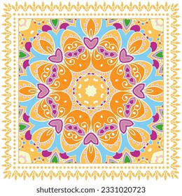 Decorative doodle ornament, symmetric pattern with lace frame. Tribal ethnic mandala decor. Bandana shawl, hijab, tablecloth fabric print, silk neck scarf, kerchief design. Colorful vector background