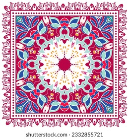 Decorative doodle ornament, symmetric pattern with lace frame. Tribal ethnic mandala decor. Bandana shawl, hijab, tablecloth fabric print, silk neck scarf, kerchief design. Colorful vector background