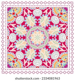 Decorative doodle ornament, symmetric pattern with lace frame. Tribal ethnic mandala decor. Bandana shawl, hijab, tablecloth fabric print, silk neck scarf, kerchief design. Colorful vector background