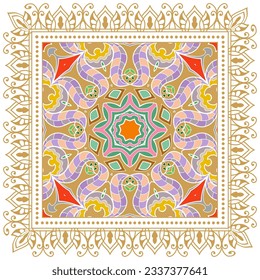 Ornamento doodle decorativo, patrón simétrico con marco de encaje. Decoración de mandala étnica tribal. Chal de andana, hijab, estampado de tela de mantel, pañuelo de cuello de seda, diseño de pañuelos. Fondo de vector colorido