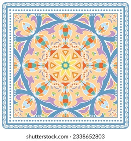 Decorative doodle ornament, symmetric pattern with lace frame. Tribal ethnic mandala decor. Bandana shawl, hijab, tablecloth fabric print, silk neck scarf, kerchief design. Colorful vector background