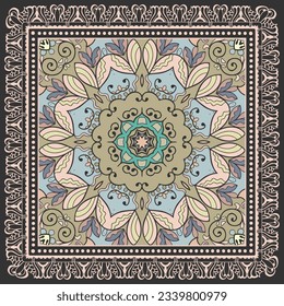 Decorative doodle ornament, symmetric pattern with lace frame. Tribal ethnic mandala decor. Bandana shawl, hijab, tablecloth fabric print, silk neck scarf, kerchief design. Colorful vector background