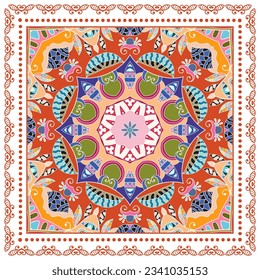 Decorative doodle ornament, symmetric pattern with lace frame. Tribal ethnic mandala decor. Bandana shawl, hijab, tablecloth fabric print, silk neck scarf, kerchief design. Colorful vector background