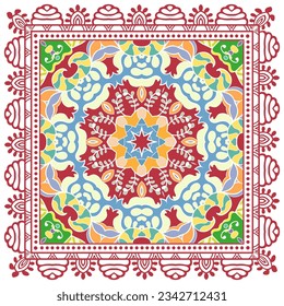 Decorative doodle ornament, symmetric pattern with lace frame. Tribal ethnic mandala decor. Bandana shawl, hijab, tablecloth fabric print, silk neck scarf, kerchief design. Colorful vector background