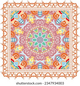 Decorative doodle ornament, symmetric pattern with lace frame. Tribal ethnic mandala decor. Bandana shawl, hijab, tablecloth fabric print, silk neck scarf, kerchief design. Colorful vector background