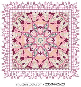 Decorative doodle ornament, symmetric pattern with lace frame. Tribal ethnic mandala decor. Bandana shawl, hijab, tablecloth fabric print, silk neck scarf, kerchief design. Colorful vector background