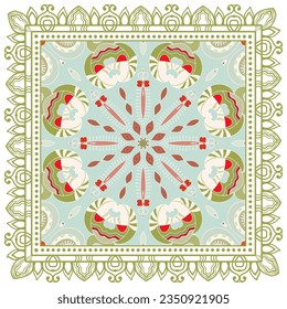 Decorative doodle ornament, symmetric pattern with lace frame. Tribal ethnic mandala decor. Bandana shawl, hijab, tablecloth fabric print, silk neck scarf, kerchief design. Colorful vector background