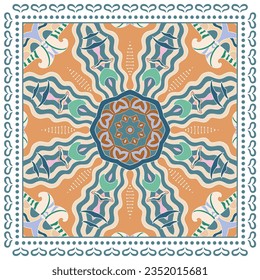 Decorative doodle ornament, symmetric pattern with lace frame. Tribal ethnic mandala decor. Bandana shawl, hijab, tablecloth fabric print, silk neck scarf, kerchief design. Colorful vector background
