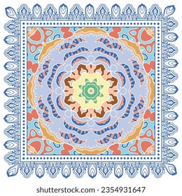 Decorative doodle ornament, symmetric pattern with lace frame. Tribal ethnic mandala decor. Bandana shawl, hijab, tablecloth fabric print, silk neck scarf, kerchief design. Colorful vector background