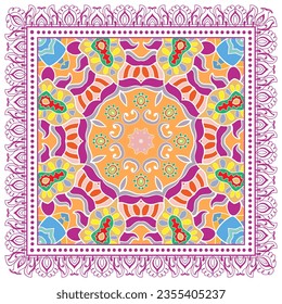 Decorative doodle ornament, symmetric pattern with lace frame. Tribal ethnic mandala decor. Bandana shawl, hijab, tablecloth fabric print, silk neck scarf, kerchief design. Colorful vector background