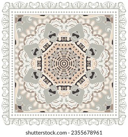 Decorative doodle ornament, symmetric pattern with lace frame. Tribal ethnic mandala decor. Bandana shawl, hijab, tablecloth fabric print, silk neck scarf, kerchief design. Colorful vector background