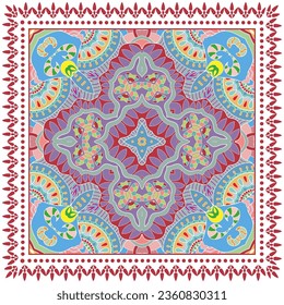 Decorative doodle ornament, symmetric pattern with lace frame. Tribal ethnic mandala decor. Bandana shawl, hijab, tablecloth fabric print, silk neck scarf, kerchief design. Colorful vector background