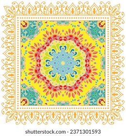 Decorative doodle ornament, symmetric pattern with lace frame. Tribal ethnic mandala decor. Bandana shawl, hijab, tablecloth fabric print, silk neck scarf, kerchief design. Colorful vector background