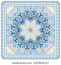 Dekorative Doodle-Ornament, symmetrisches Muster mit Spitzenrahmen. Ethnisch-ethnische Mandalendekor. Bandana-Schal, Hijab, Tischdecken-Stoffdruck, Seidenhalsschal, Kerochdesign. Farbiger Vektorhintergrund