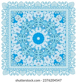 Decorative doodle ornament, symmetric pattern with lace frame. Tribal ethnic mandala decor. Bandana shawl, hijab, tablecloth fabric print, silk neck scarf, kerchief design. Colorful vector background