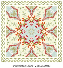 Decorative doodle ornament, symmetric pattern with lace frame. Tribal ethnic mandala decor. Bandana shawl, hijab, tablecloth fabric print, silk neck scarf, kerchief design. Colorful vector background