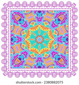 Decorative doodle ornament, symmetric pattern with lace frame. Tribal ethnic mandala decor. Bandana shawl, hijab, tablecloth fabric print, silk neck scarf, kerchief design. Colorful vector background