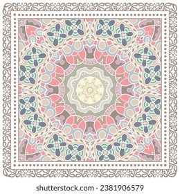 Dekorative Doodle-Ornament, symmetrisches Muster mit Spitzenrahmen. Ethnisch-ethnische Mandalendekor. Bandana-Schal, Hijab, Tischdecken-Stoffdruck, Seidenhalsschal, Kerochdesign. Farbiger Vektorhintergrund
