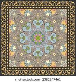 Decorative doodle ornament, symmetric pattern with lace frame. Tribal ethnic mandala decor. Bandana shawl, hijab, tablecloth fabric print, silk neck scarf, kerchief design. Colorful vector background