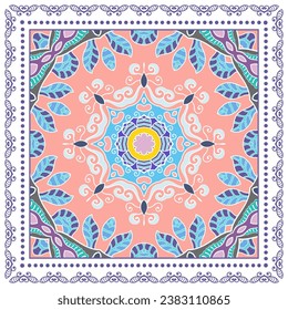 Decorative doodle ornament, symmetric pattern with lace frame. Tribal ethnic mandala decor. Bandana shawl, hijab, tablecloth fabric print, silk neck scarf, kerchief design. Colorful vector background