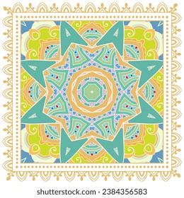 Decorative doodle ornament, symmetric pattern with lace frame. Tribal ethnic mandala decor. Bandana shawl, hijab, tablecloth fabric print, silk neck scarf, kerchief design. Colorful vector background