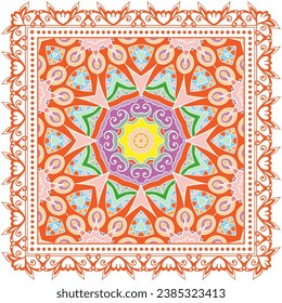 Ornamento doodle decorativo, patrón simétrico con marco de encaje. Decoración de mandala étnica tribal. Chal de andana, hijab, estampado de tela de mantel, pañuelo de cuello de seda, diseño de pañuelos. Fondo de vector colorido