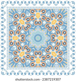 Decorative doodle ornament, symmetric pattern with lace frame. Tribal ethnic mandala decor. Bandana shawl, hijab, tablecloth fabric print, silk neck scarf, kerchief design. Colorful vector background
