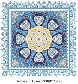 Decorative doodle ornament, symmetric pattern with lace frame. Tribal ethnic mandala decor. Bandana shawl, hijab, tablecloth fabric print, silk neck scarf, kerchief design. Colorful vector background