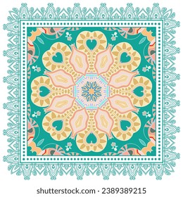 Decorative doodle ornament, symmetric pattern with lace frame. Tribal ethnic mandala decor. Bandana shawl, hijab, tablecloth fabric print, silk neck scarf, kerchief design. Colorful vector background
