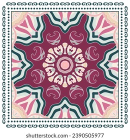 Decorative doodle ornament, symmetric pattern with lace frame. Tribal ethnic mandala decor. Bandana shawl, hijab, tablecloth fabric print, silk neck scarf, kerchief design. Colorful vector background