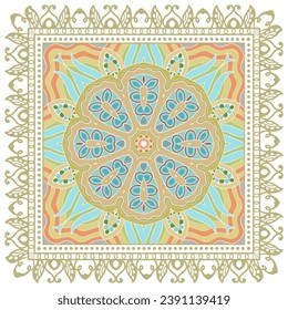 Decorative doodle ornament, symmetric pattern with lace frame. Tribal ethnic mandala decor. Bandana shawl, hijab, tablecloth fabric print, silk neck scarf, kerchief design. Colorful vector background
