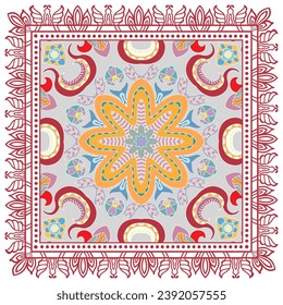 Decorative doodle ornament, symmetric pattern with lace frame. Tribal ethnic mandala decor. Bandana shawl, hijab, tablecloth fabric print, silk neck scarf, kerchief design. Colorful vector background