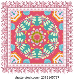 Dekorative Doodle-Ornament, symmetrisches Muster mit Spitzenrahmen. Ethnisch-ethnische Mandalendekor. Bandana-Schal, Hijab, Tischdecken-Stoffdruck, Seidenhalsschal, Kerochdesign. Farbiger Vektorhintergrund