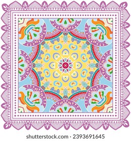 Decorative doodle ornament, symmetric pattern with lace frame. Tribal ethnic mandala decor. Bandana shawl, hijab, tablecloth fabric print, silk neck scarf, kerchief design. Colorful vector background