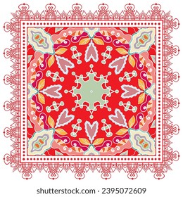 Decorative doodle ornament, symmetric pattern with lace frame. Tribal ethnic mandala decor. Bandana shawl, hijab, tablecloth fabric print, silk neck scarf, kerchief design. Colorful vector background