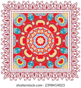 Decorative doodle ornament, symmetric pattern with lace frame. Tribal ethnic mandala decor. Bandana shawl, hijab, tablecloth fabric print, silk neck scarf, kerchief design. Colorful vector background