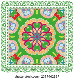 Decorative doodle ornament, symmetric pattern with lace frame. Tribal ethnic mandala decor. Bandana shawl, hijab, tablecloth fabric print, silk neck scarf, kerchief design. Colorful vector background