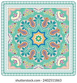 Decorative doodle ornament, symmetric pattern with lace frame. Tribal ethnic mandala decor. Bandana shawl, hijab, tablecloth fabric print, silk neck scarf, kerchief design. Colorful vector background
