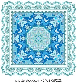 Ornamento doodle decorativo, patrón simétrico con marco de encaje. Decoración de mandala étnica tribal. Chal de andana, hijab, estampado de tela de mantel, pañuelo de cuello de seda, diseño de pañuelos. Fondo de vector colorido