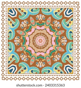 Decorative doodle ornament, symmetric pattern with lace frame. Tribal ethnic mandala decor. Bandana shawl, hijab, tablecloth fabric print, silk neck scarf, kerchief design. Colorful vector background
