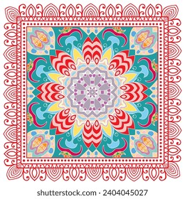 Decorative doodle ornament, symmetric pattern with lace frame. Tribal ethnic mandala decor. Bandana shawl, hijab, tablecloth fabric print, silk neck scarf, kerchief design. Colorful vector background